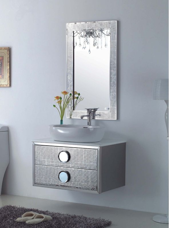 Stainless Steel Silver on Floor Modern Bathroom Mirrored Cabinet (JN-88852)