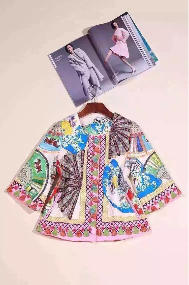 2017 Spring New Women Korean Fashion Chinese Fans Printing Wool Coat