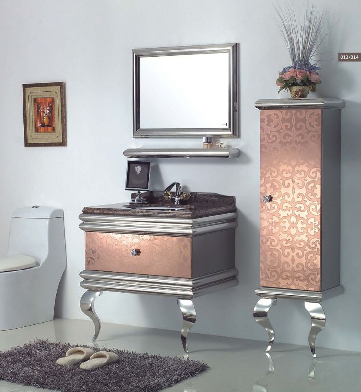 Silver on Floor Modern Mirrored Stainless Steel Bathroom Cabinet Golden (JN-88820)