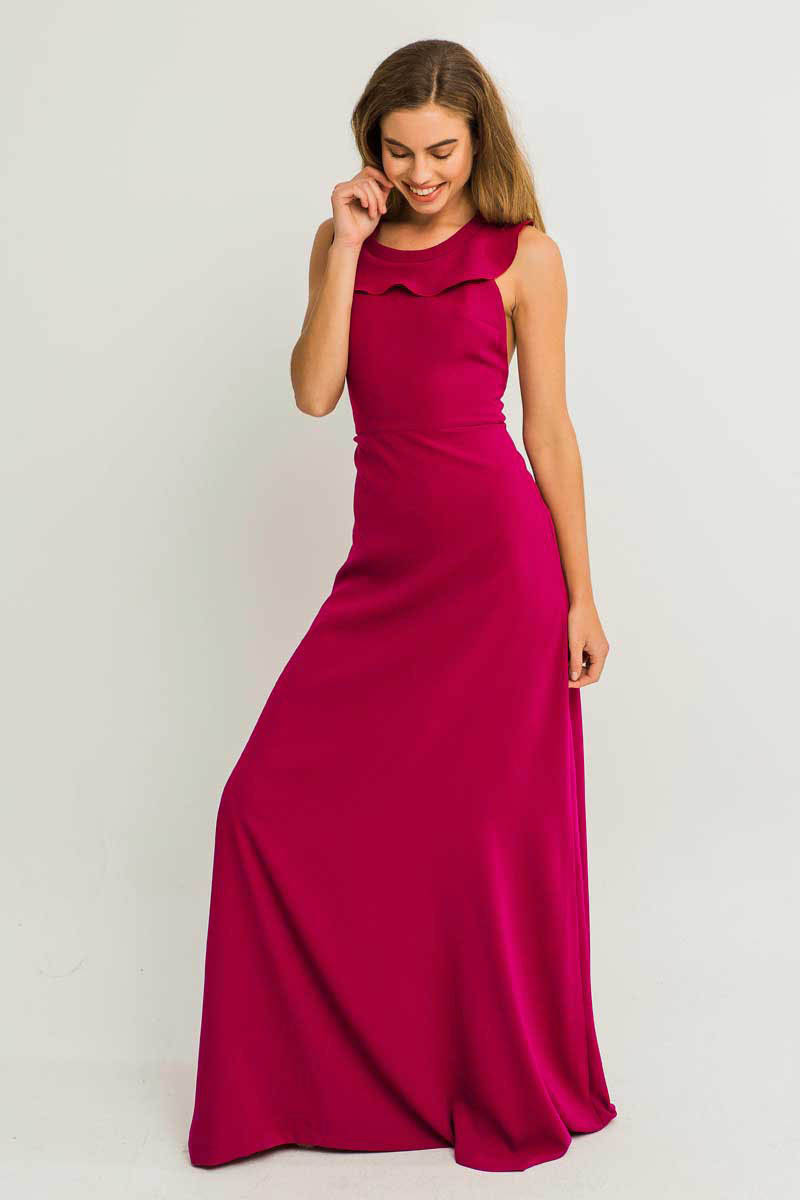 Elegant Sleeveless A-Line Evening Dress with Ruffles on Back