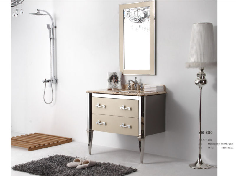 Golden White New Fashion Design Sliver Modern Stainless Steel Two Drawers on Wall Bathroom Mirrored Cabinet (YB-880)