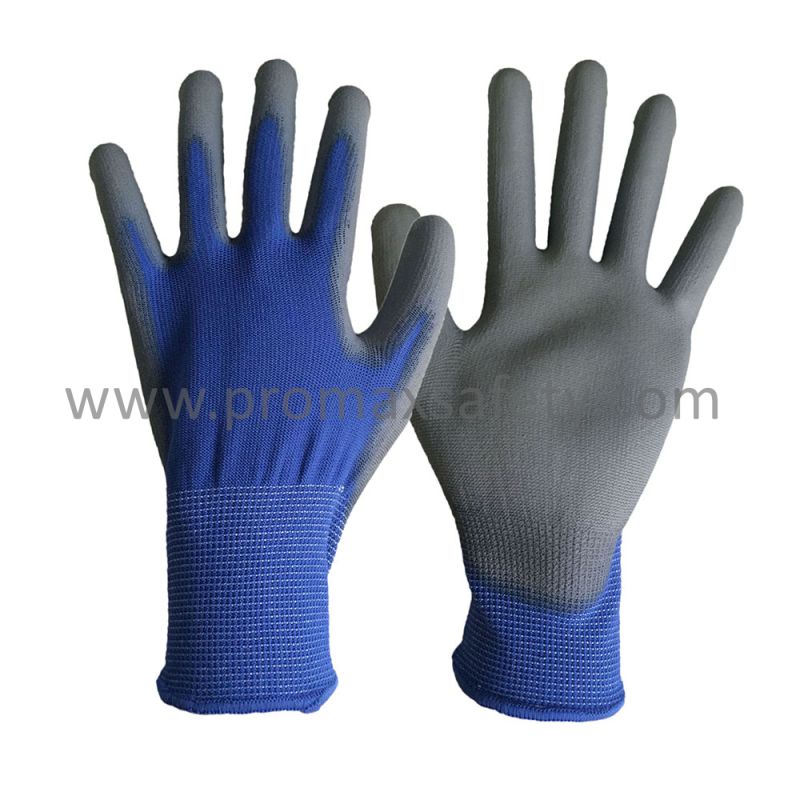 Blue Polyester Knitted Gloves with Grey PU Dipping