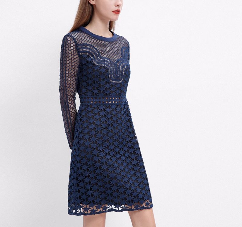 Spring Elegant Blue Embroidered Long Sleeve Star Pattern Women Dress