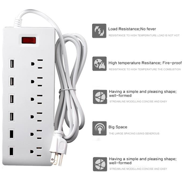 Surge Protector 6 Port Us AC Plug Outlet with 6 Ports Smart Fast USB Charger