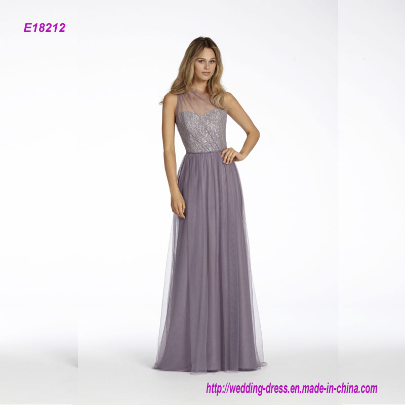 One Shoulder A-Line Bridesmaid Dress with Silver Metallic Lace Bodice