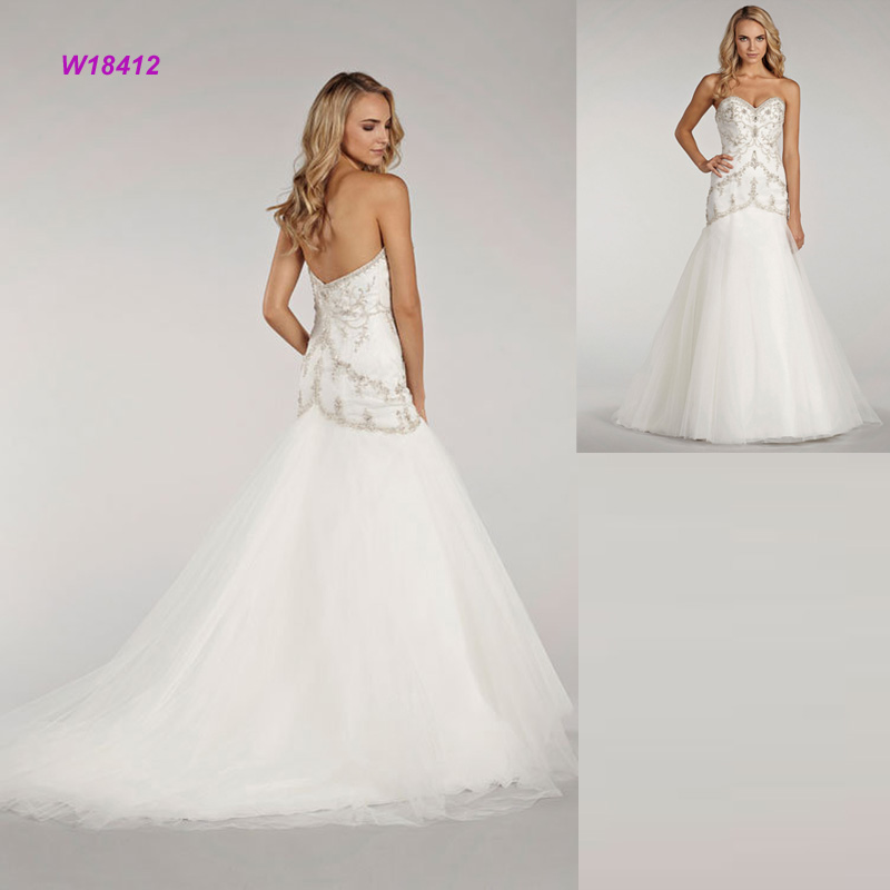 Beaded Elongated Bodice Ivory Modified A-Line Wedding Dress with Sweetheart Neckline and Tulle Shirt