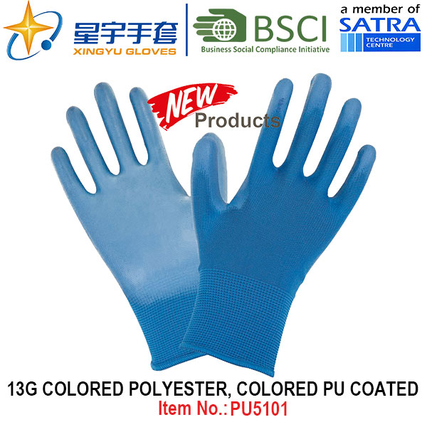 13G Colored Polyester Shell Colored PU Coated Gloves (PU5101) with CE, En388, En420, Work Gloves