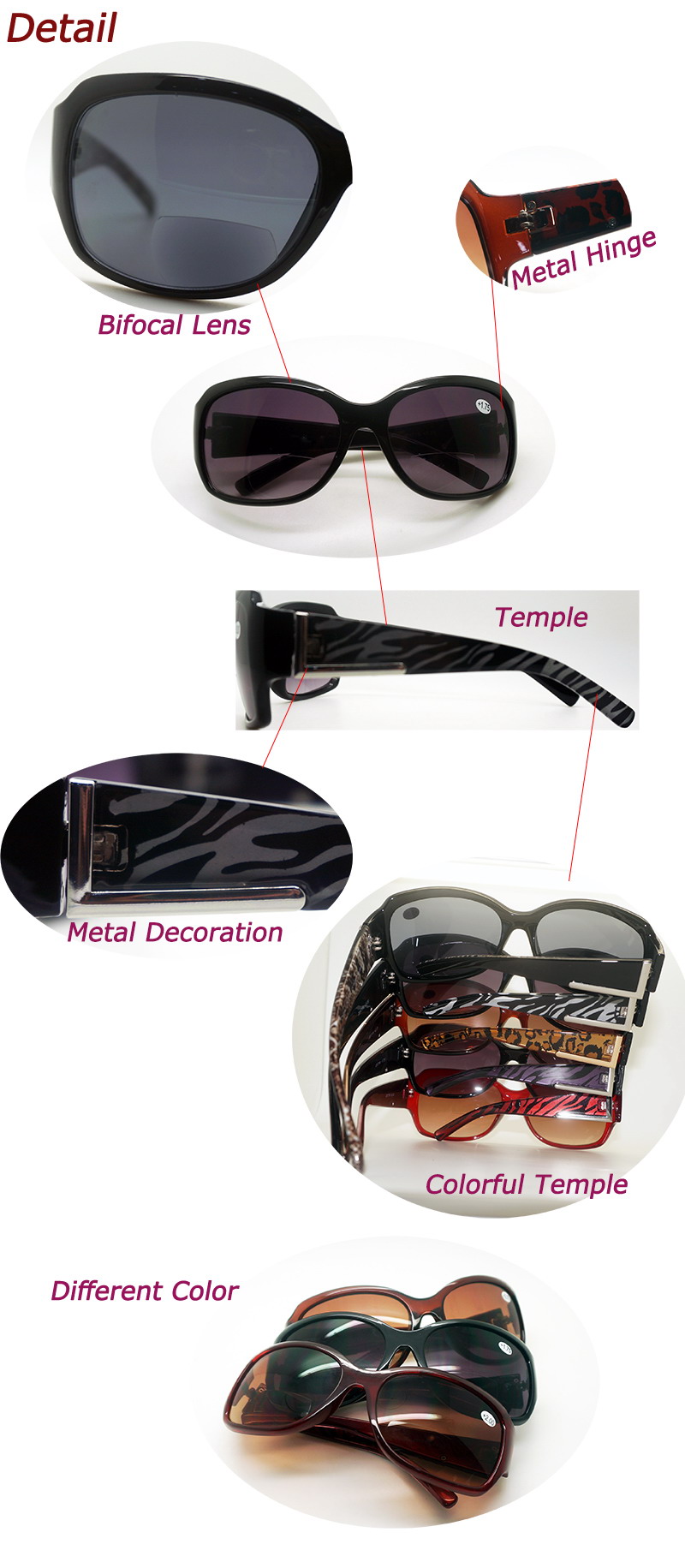 Fashionable and Hot Sales Ladies Bifocal Lens Plastic Sunglasses (WRP412161)