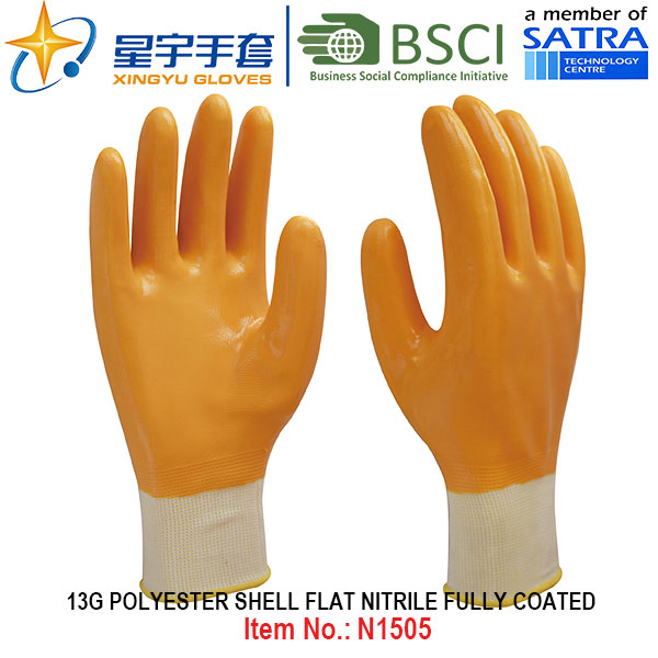 13G Polyester Shell Nitrile Fully Coated Gloves (N1505) Smooth Finish with CE, En388, En420, Work Gloves