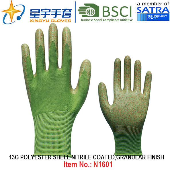 13G Polyester Shell Nitrile Coated Gloves (N1601) Granular Finish with CE, En388, En420, Work Gloves