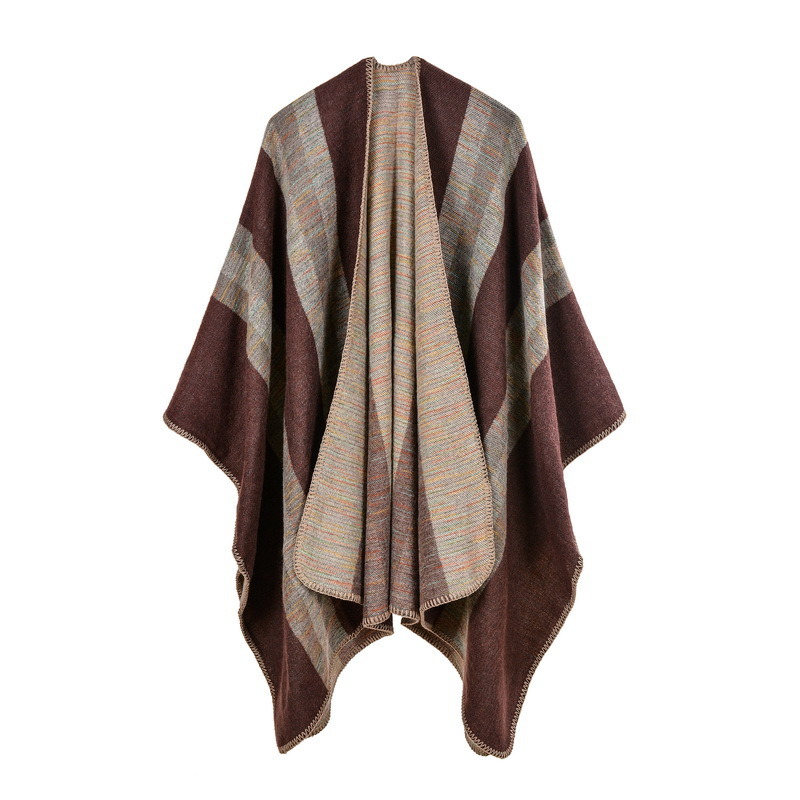 Women's Color Block Open Front Blanket Poncho Bohemian Cashmere Like Cape Thick Warm Stole Throw Poncho Wrap Shawl (SP227)