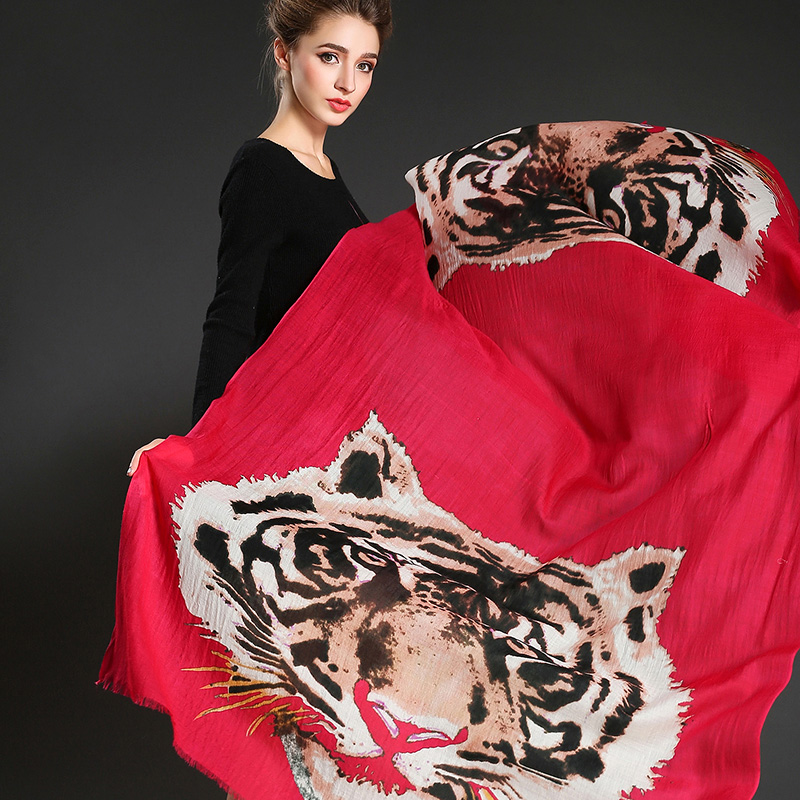 Lady Long Wool Tiger Pattern Digital Printing Red Scarf Muffler