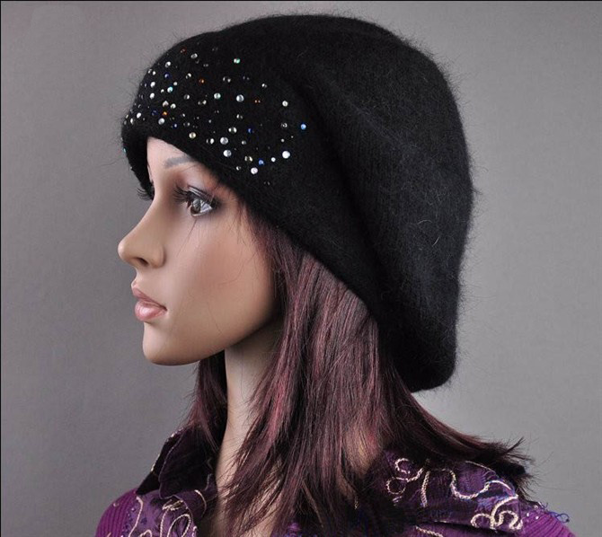 Womens Wool Angora Knitted Beads Slouchwarm Hat Beret Beanie (HW140)