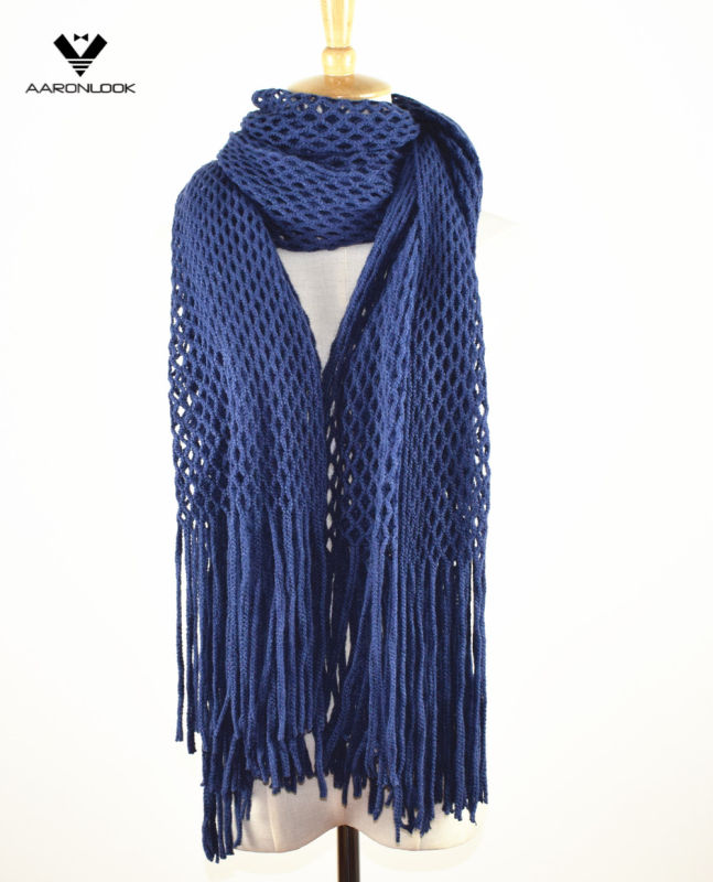 Women Soft Acrylic Warp Knitted Scarf Wrap with Long Fringes