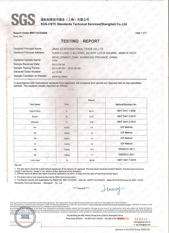 Urea (46%) with SGS Certificate on Heavy Metal Testing Report