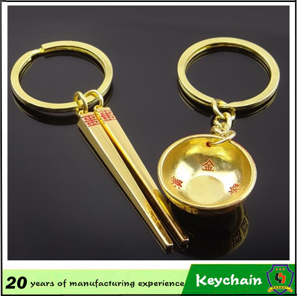 3D Gold Color Bowl and Chopsticks Key Chain for Lovers