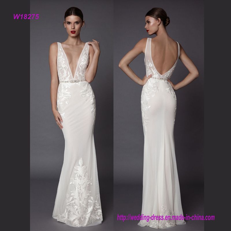 The Sheath Embroideried Deep V Neck Wedding Dress