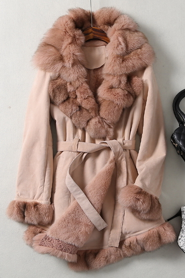 New Design Lady's Genuine Shearing Leather and Fur Jacket Long Style Fox Fur