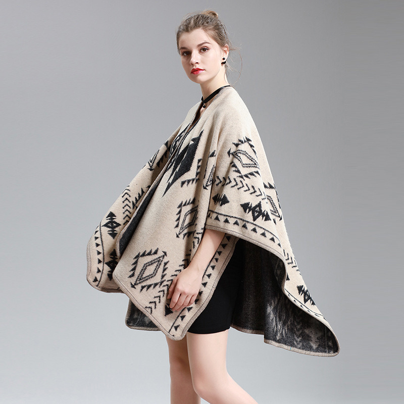 Womens Cashmere Feel Diamond Geometry Printing Cape Stole Poncho Shawl (SP294)