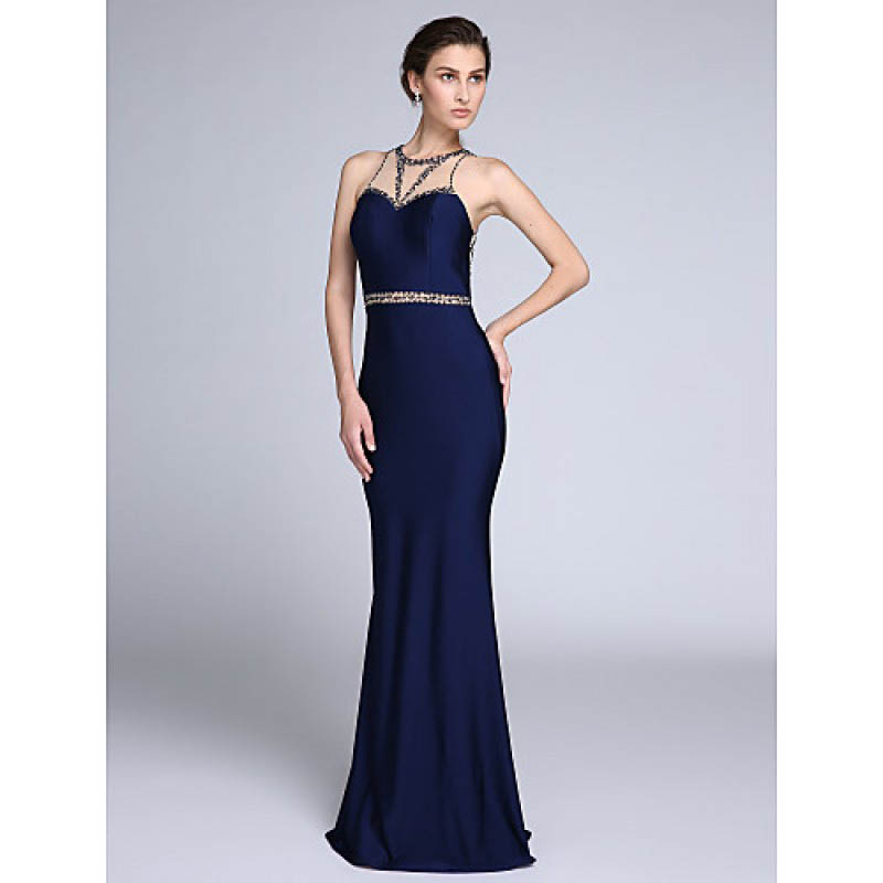 Formal Evening Dress Trumpet Mermaid Jewel Sweep Brush Train Tulle Jersey with Beading