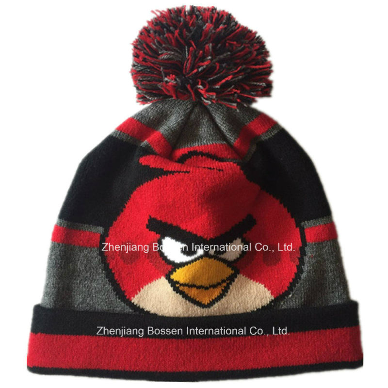 China Factory Customized Cartoon Design Acrylic Knit Jacquard Warm Fold Beanie Hat