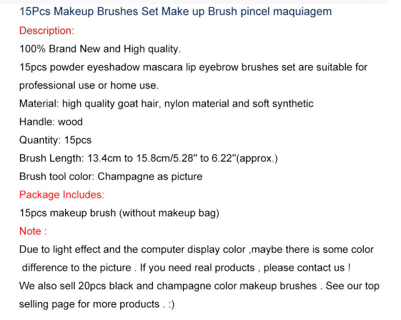 15PCS Makeup Cosmetic Brush Set with Eyeshadow Eyebrow Pencil Brushes