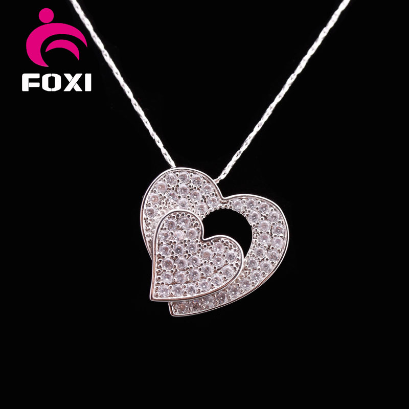 Double Heart Shape White Cubic Zirconia Silver Plated Pendant Necklace