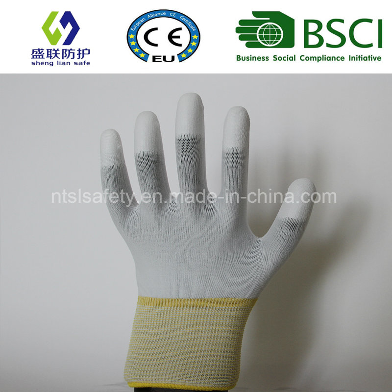 13G White Polyester Nliner with White PU Finger Tip Coating Work Glove (SL-PU205)