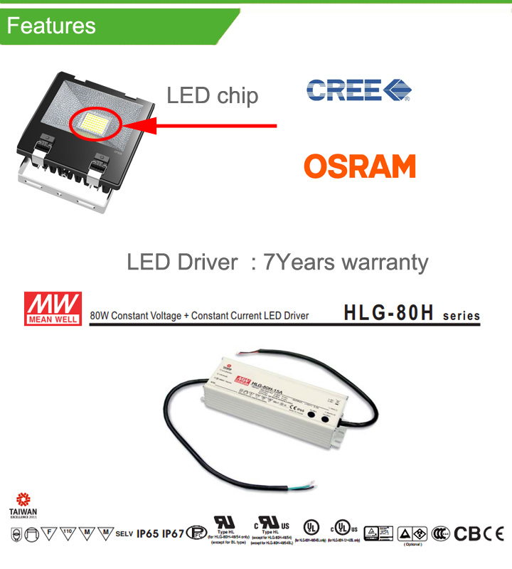 70W LED Flood Light with 7 Years Warranty Meanwell Driver