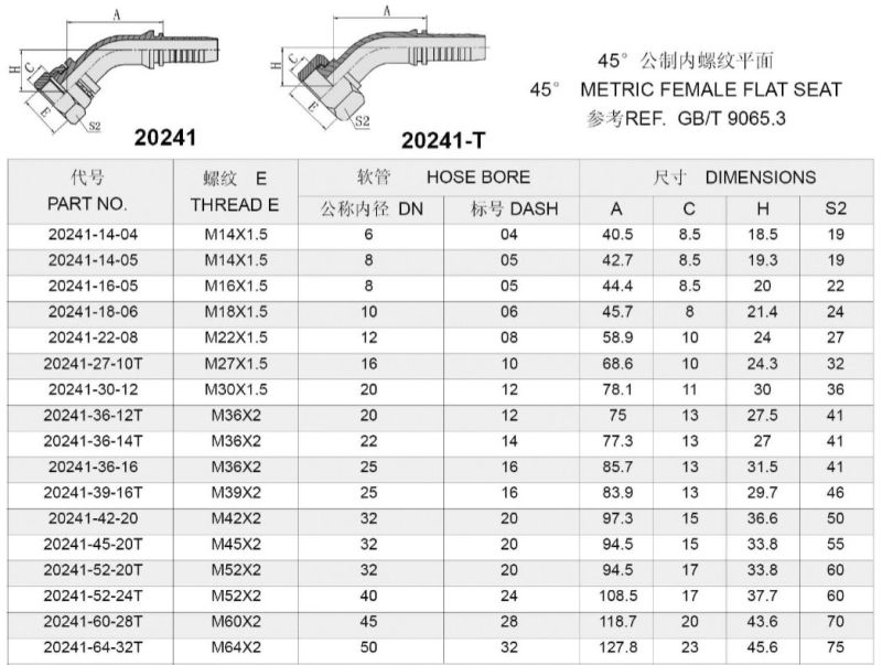 45 Degree Elbow Female Flat Seat Hydraulic Hose Fitting (20241)