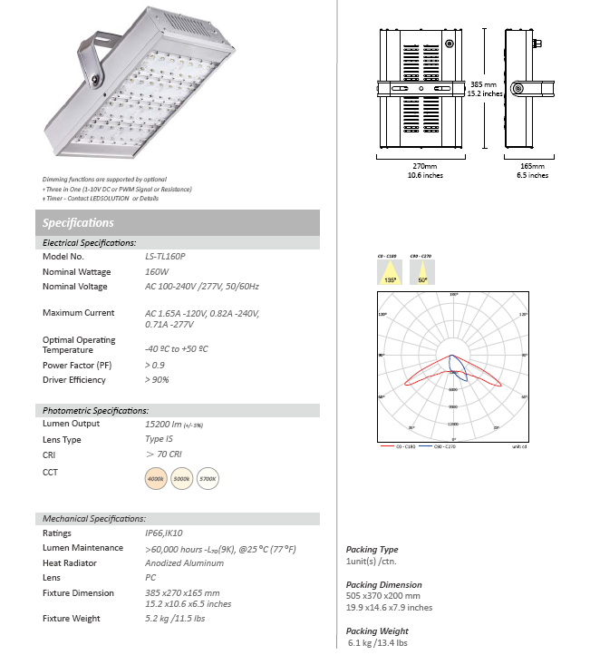 IP65 Outdoor Waterproof Meanwell 160W LED Tunnel Light with 5 Years Warranty