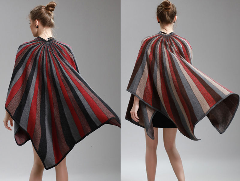 Womens Cashmere Feel Alike Fancy Stripe Printing Cape Stole Poncho Shawl (SP291)