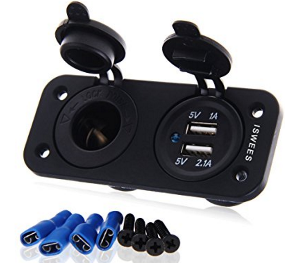 12V Power Outlet Cigarette Lighter Socket + 2.1A Dual USB Port Charger Adapter + LED