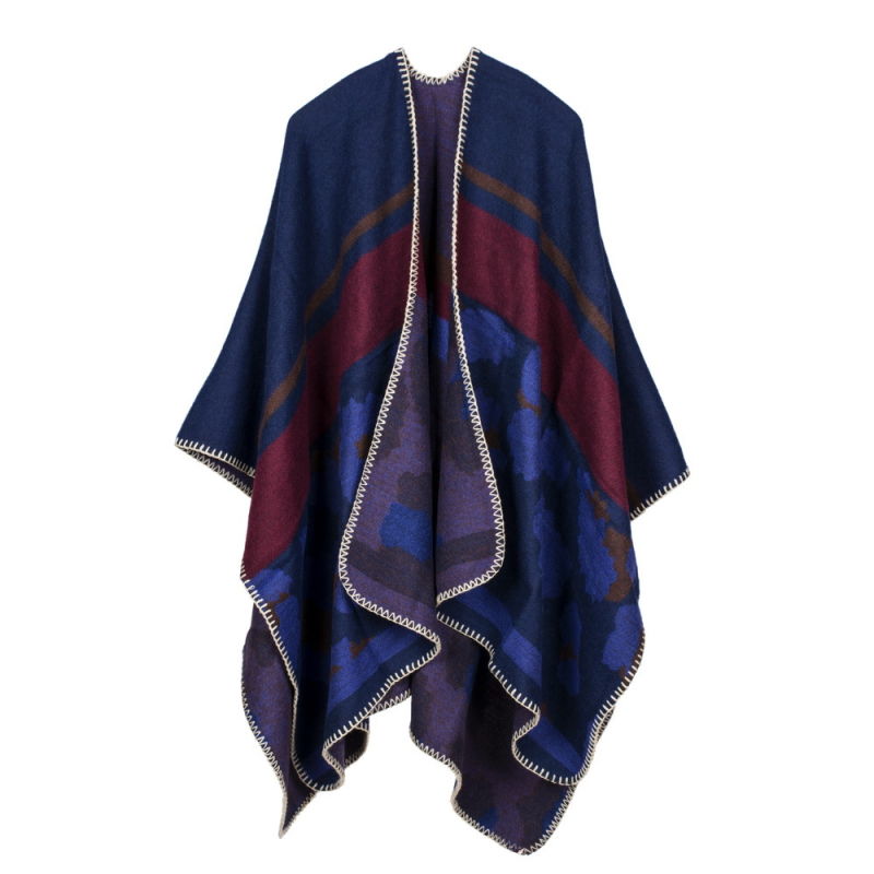 Women's Color Block Open Front Blanket Poncho Bohemian Cashmere Like Cape Thick Winter Warm Stole Throw Poncho Wrap Shawl (SP229)