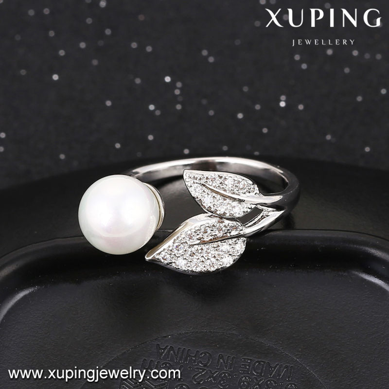 13755 Fashion Pretty CZ Round Pearl Leaf Silver-Plated Jewelry Finger Ring for Women