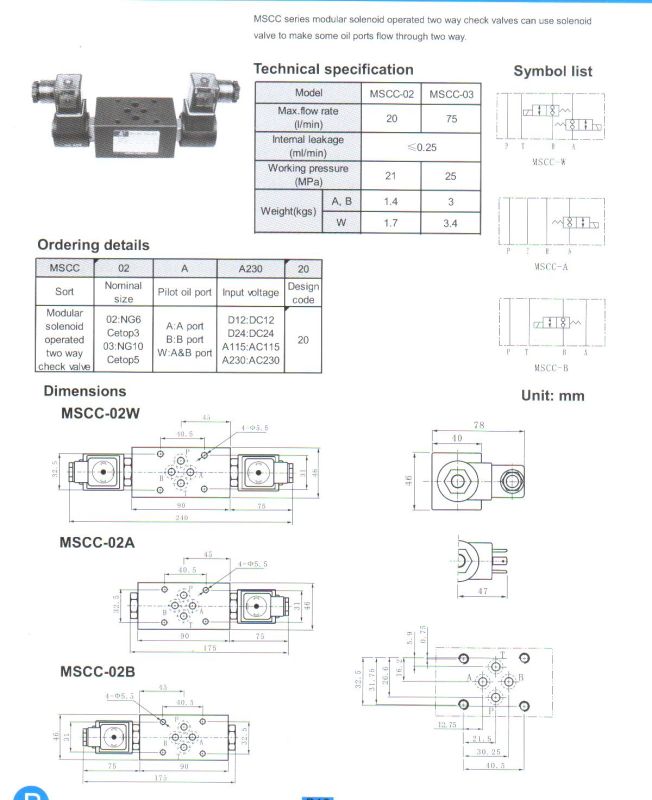 Mscc Series Modular Solenoid Two Way Check Valves