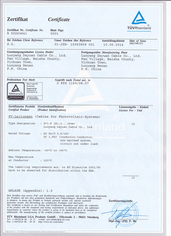 TUV Approved PV1-F 6mm2 Solar PV Cable