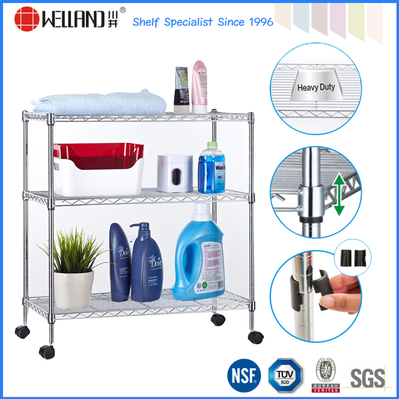 Adjustable Chrome Metal Bath Room Wire Shelf Rack with Nylon Wheel