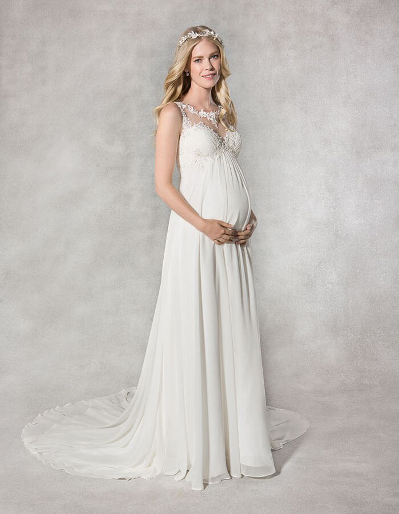 a Empire Line Delicated Illusion Beaded Floral Lace Neckline Wedding Dress for Pregnant Ladies