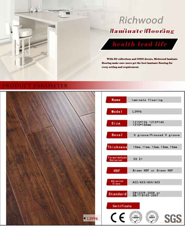 Hand-Scraped 12.3mm Walnut AC3 E1 Laminated Laminate Wood Flooring