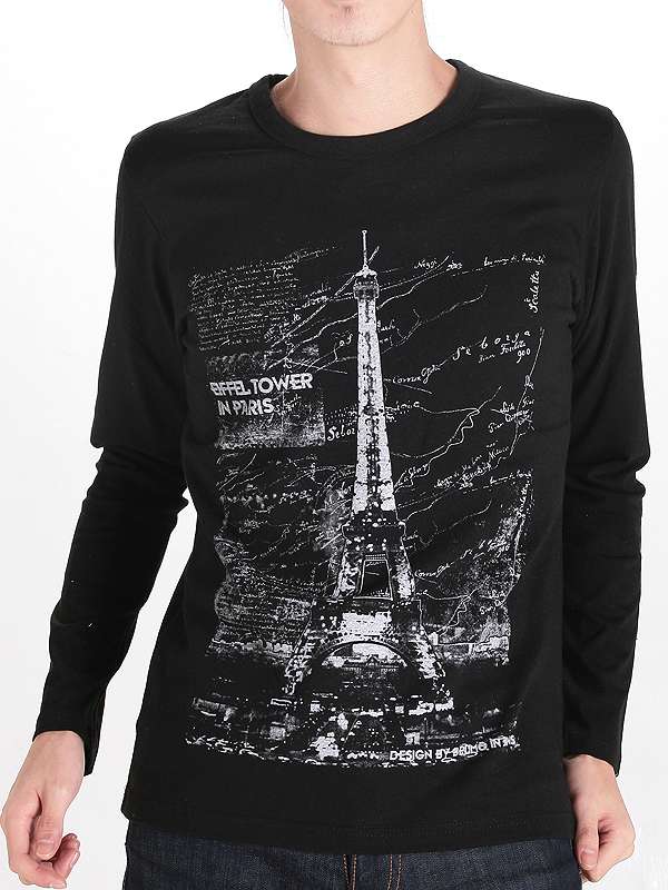 Tower Design Printing Black Cotton Custom Long Sleeve Men T Shirt