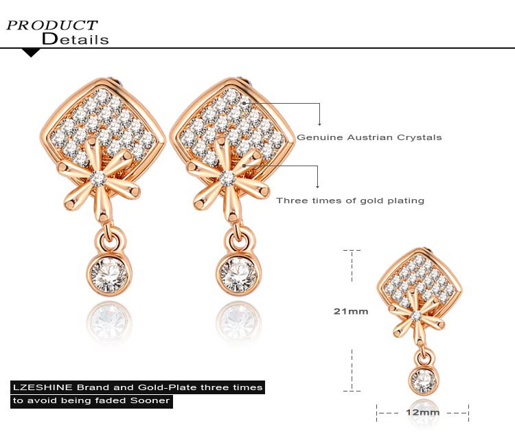 Gold Platred Crystal Square with Flower Dangle Party Earring (ER0024-C)