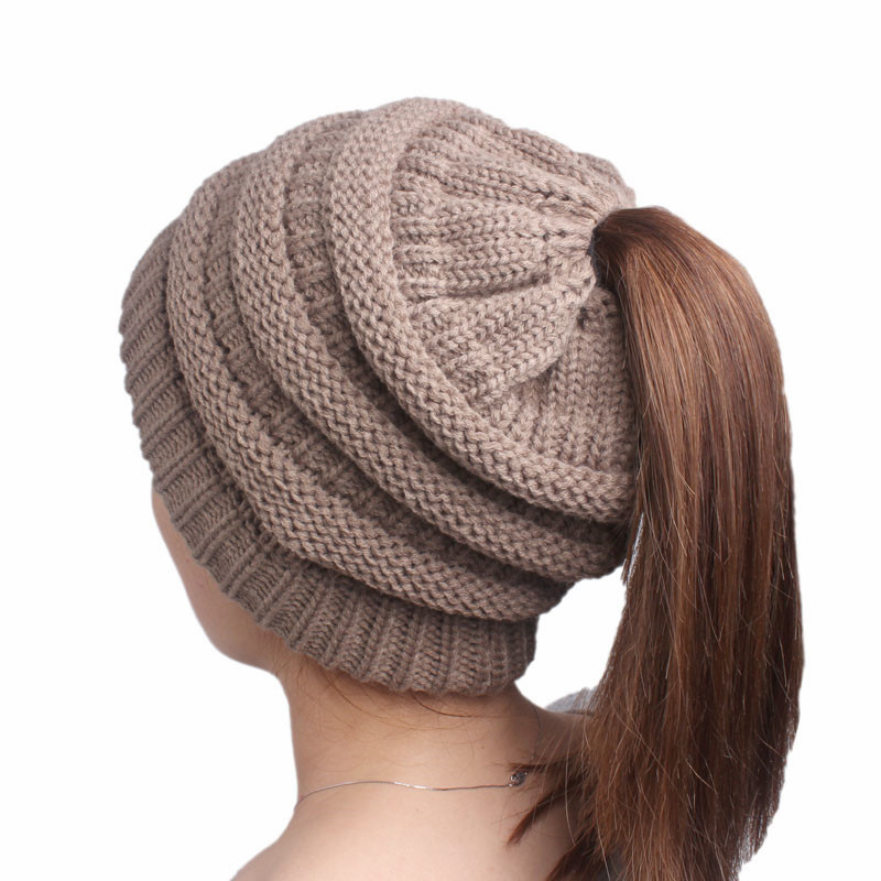 Women's Soft Stretch Cable Knitted Messy High Bun Ponytail Cap Beanie Hat (HW131)