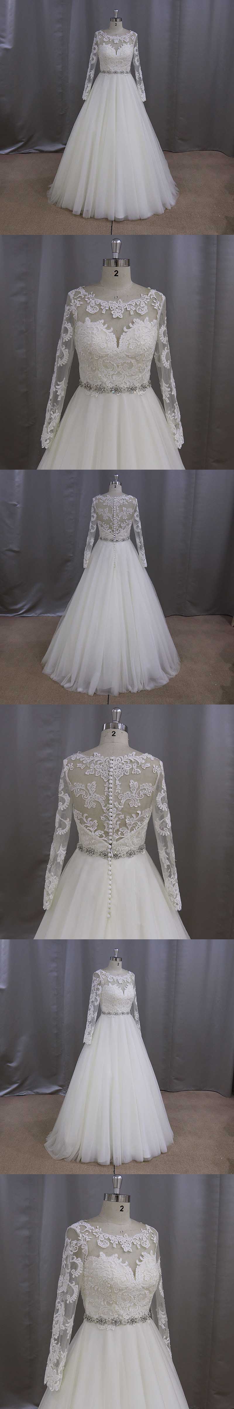 Long Sleeve A-Line Bridal Gowns Beaded Sash Wedding Dress