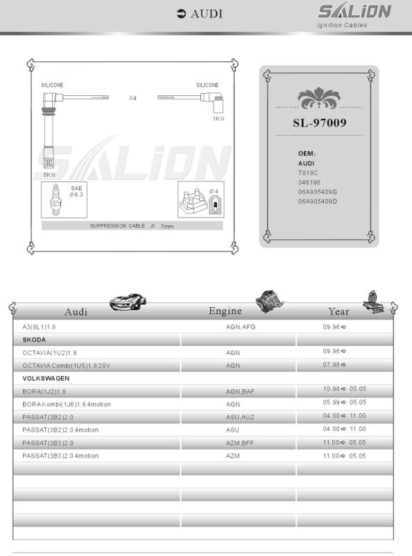 Ignition Cable/Spark Plug Wire for Audi (06A905409G)