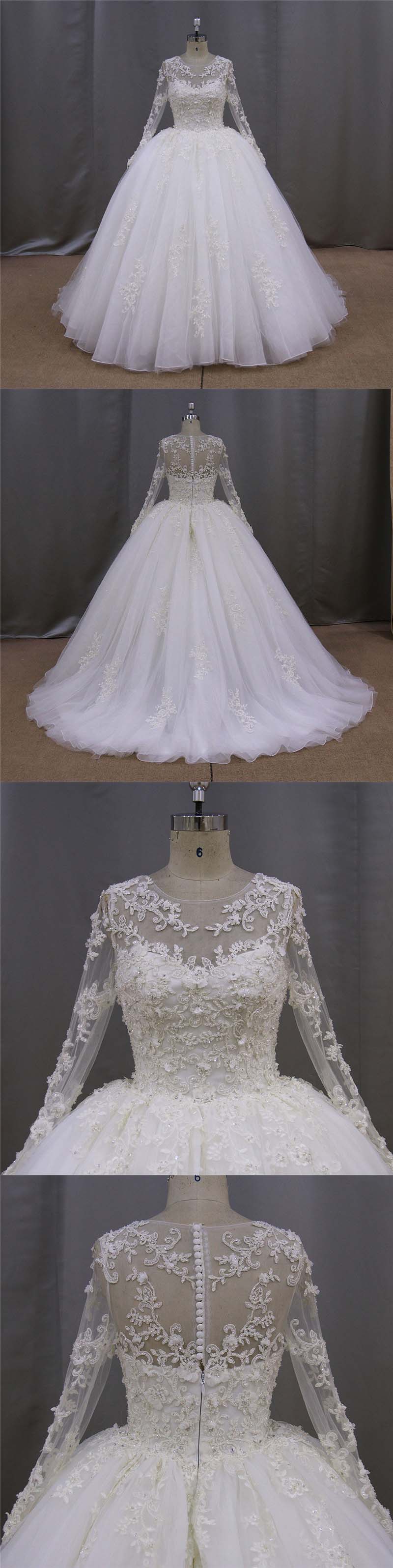 Crystal Bridal Ball Gowns Long Sleeves Sequins Wedding Dress