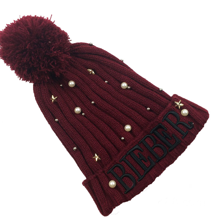 Womens Unisex Autumn Winter Warm Knitted Pearls Beads POM POM Caps Beanie Braided Hat (HW121)