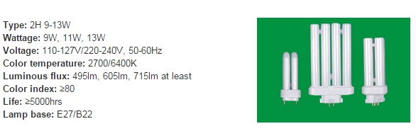 2h 9-13W Type, Energy Saving Lamp for Standard Socket Types.