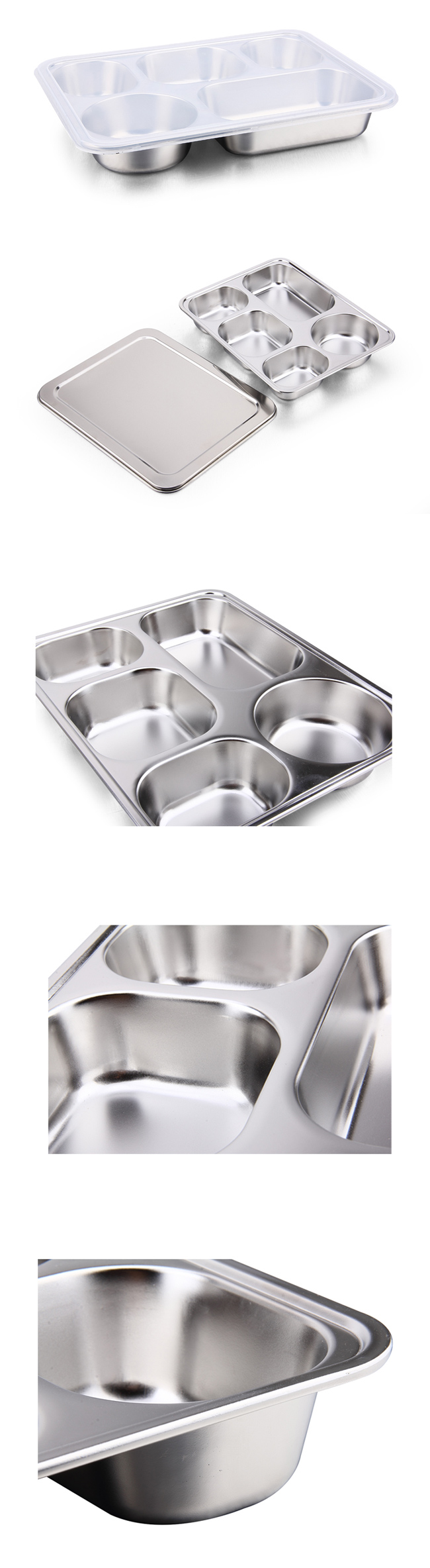 High Quality 5 Compartments Stainless Steel Food Tray Plate Buffet Trays