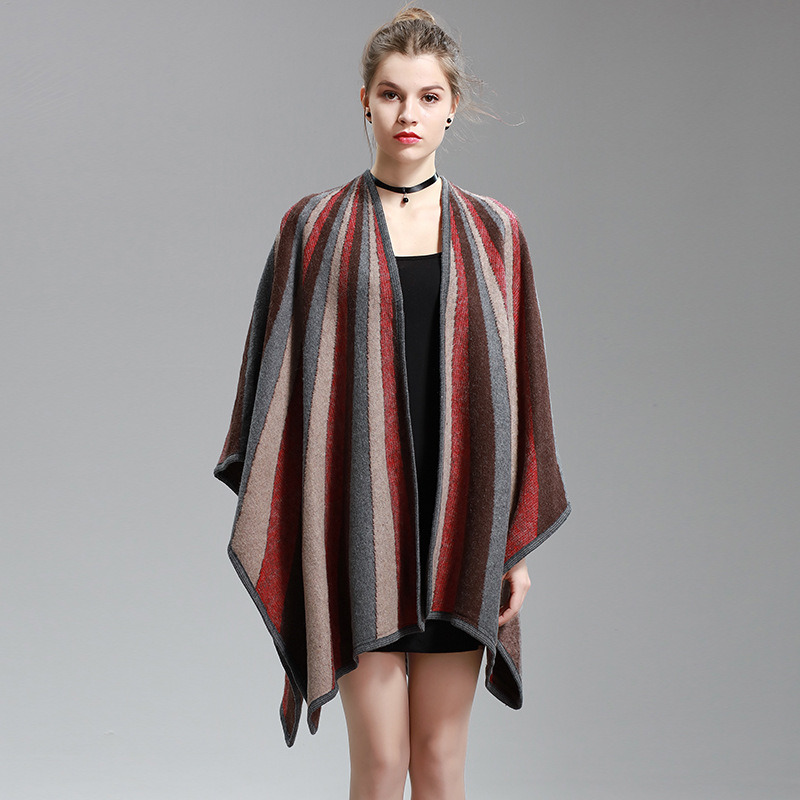 Womens Cashmere Feel Alike Fancy Stripe Printing Cape Stole Poncho Shawl (SP291)